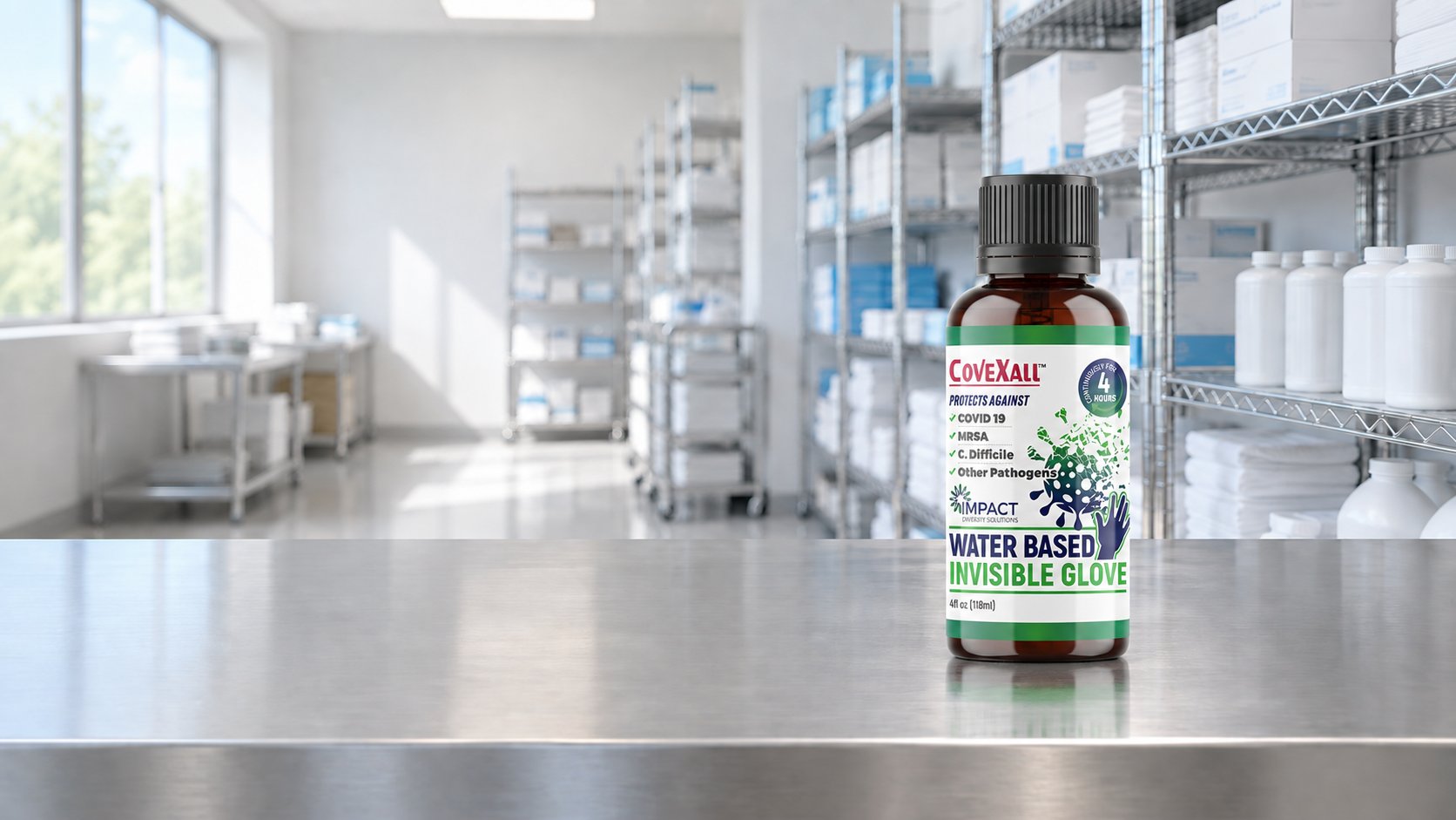 A 4 oz bottle of Covexall Water Based Invisible Glove on a stainless steel counter