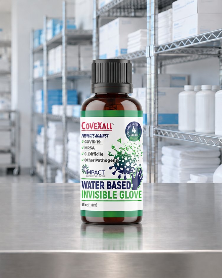 A 4 oz bottle of Covexall Water Based Invisible Glove on a stainless steel counter