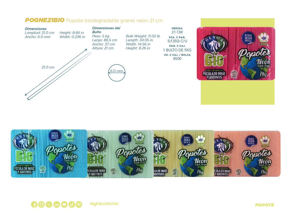 Neon Bulk Straw Biodegradable 8.27 in