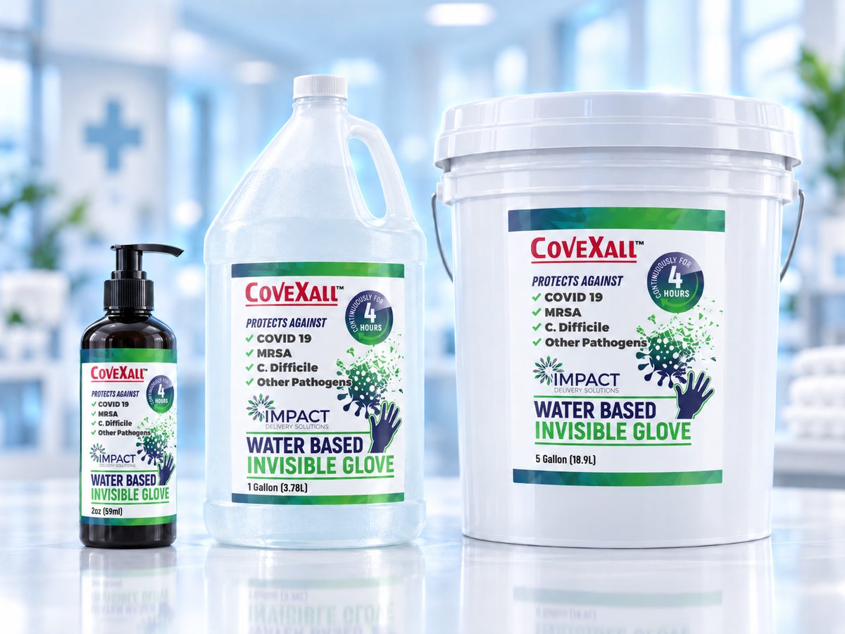 Covexall in a 2 oz pump bottle, a 1 gallon jug and a bulk pail